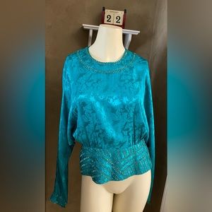 Michelle Stuart silk blouse glass beaded green silk long dolman sleeve size 8